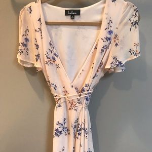 Pink floral wrap dress (Lulu’s)